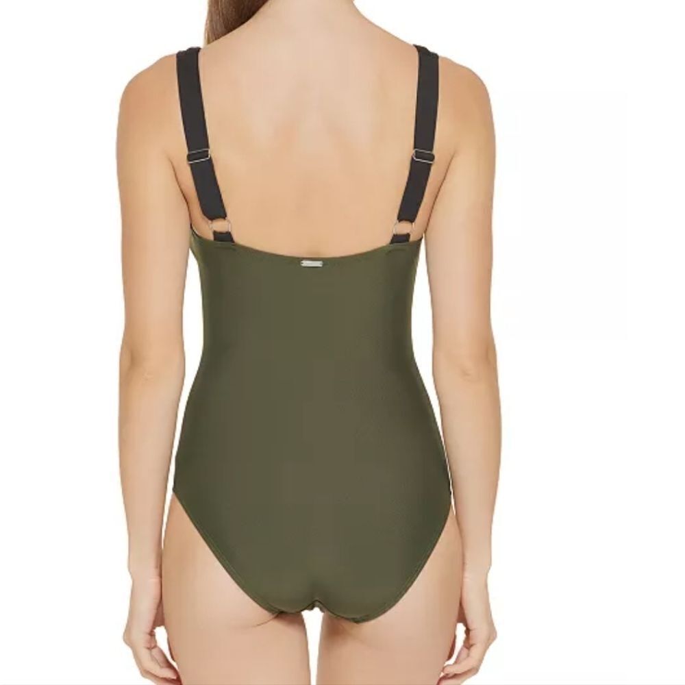 DKNY Black Contrast-Trim olive Army Green Women's  One-Piece Swimsuit sz 10 - Picture 6 of 8